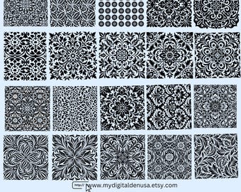 May include: A selection of 40 black and white tooled leather patterns. The designs feature floral, geometric, and abstract motifs. The image also includes a website address and file type icons.