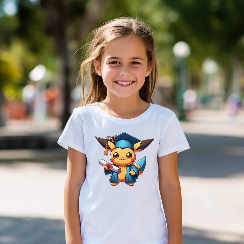 May include: A white t-shirt featuring a cartoon Pikachu character dressed in a graduation cap and gown, holding a diploma. The character is yellow, blue, and orange. The girl wearing the shirt is smiling.