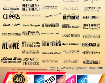 Pode incluir: Uma coleção de 40 arquivos digitais SVG, PNG, JPG, DXF e EPS com tema de cerveja. Os arquivos apresentam vários ditos e designs relacionados à cerveja, como "Beer Men's Bestfriend", "Don't Worry, Beer Happy" e "This Guy Needs A Beer".