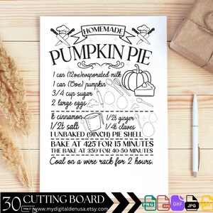 May include: Black and white printable design for a homemade pumpkin pie recipe. The design includes a pumpkin, pie, and kitchen utensils. The text reads "HOMEMADE PUMPKIN PIE" and includes the ingredients and baking instructions.