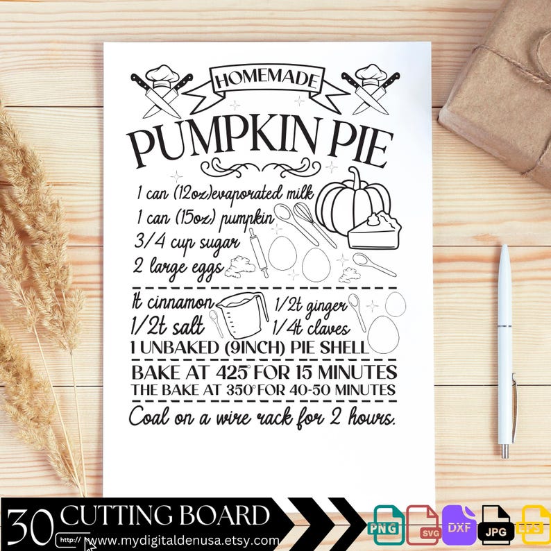 May include: Black and white printable design for a homemade pumpkin pie recipe. The design includes a pumpkin, pie, and kitchen utensils. The text reads "HOMEMADE PUMPKIN PIE" and includes the ingredients and baking instructions.