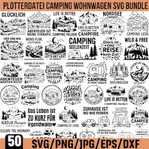 Peut inclure: Une collection numérique de 50 motifs graphiques en noir et blanc sur le thème du camping, illustrant des caravanes, des vans, des montagnes, des forêts et des feux de camp, avec diverses phrases en anglais et en allemand comme Life is Better.