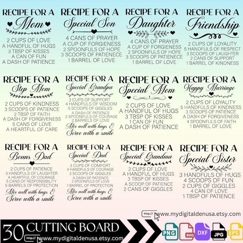 May include: A digital cutting board design with 10 different recipes for special people, including Mom, Son, Daughter, Friendship, Step Mom, Special Grandpa, Special Mom, Happy Marriage, Bonus Dad, Special Dad, Special Grandma, and Special Sister. Each recipe includes a list of ingredients, such as love, patience, and kindness, and instructions to mix well with hugs and serve with a smile.