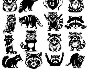 Raccoon SVG Bundle, Cute Raccoon Clipart, Raccoon Head PNG, Woodland Animal Digital Cut Files, Raccoon Silhouette, Wildlife Art Printables