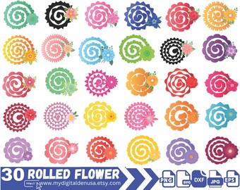 May include: 30 rolled flower designs in various colors, including red, blue, green, yellow, and purple. The designs are perfect for crafting, scrapbooking, and other creative projects. The image also includes the text "30 Rolled Flower" and a website address.