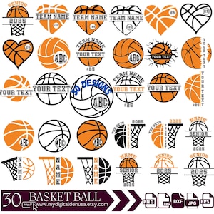 May include: 30 basketball themed designs in black, white, orange, and blue. The designs include basketballs, nets, and text such as 