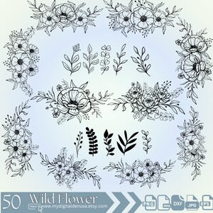 Wildflowers Line Art, Botanical Hand Drawn Line Art, Floral Line Art SVG, Vector Flowers and Plants, Spiral Wild Flowers, Floral Border svg