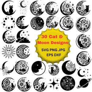 Maan en sterren Svg, wassende maan Svg, hemelse Svg, Moon Stars Vactor Cut-bestand, maansilhouet, nachtelijke hemel Svg, kattenontwerp svg, kattenbundel