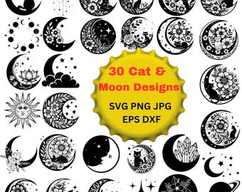 Può includere: Un set di 30 disegni digitali in bianco e nero con gatti e lune. I disegni includono vari stili, come gatti con fiori, lune con stelle e lune con cristalli. Il testo "30 Cat & Moon Designs" è visualizzato in un cerchio giallo.