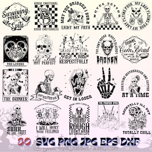 May include: A collection of 20 black and white graphic designs featuring skeletons, skulls, and phrases. Designs include skeletons in various poses, text like "Surviving Purely Out of Spite," and "The Lovers." The designs are suitable for various applications.