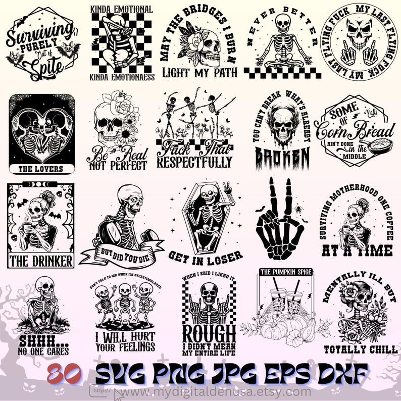 May include: A collection of 20 black and white graphic designs featuring skeletons, skulls, and phrases. Designs include skeletons in various poses, text like "Surviving Purely Out of Spite," and "The Lovers." The designs are suitable for various applications.