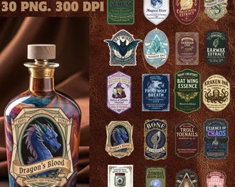 Potion Labels PNG Bundle, Mystic Potion Sublimation, Apothecary Halloween, Magic Potion, Apothecary Png, Vintage Labels, Witchcraft, Cricut