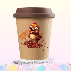 May include: A brown paper coffee cup with a cartoon chicken and the text "Coffee Addict". The chicken is standing on a pile of coffee beans. The cup has a brown lid.
