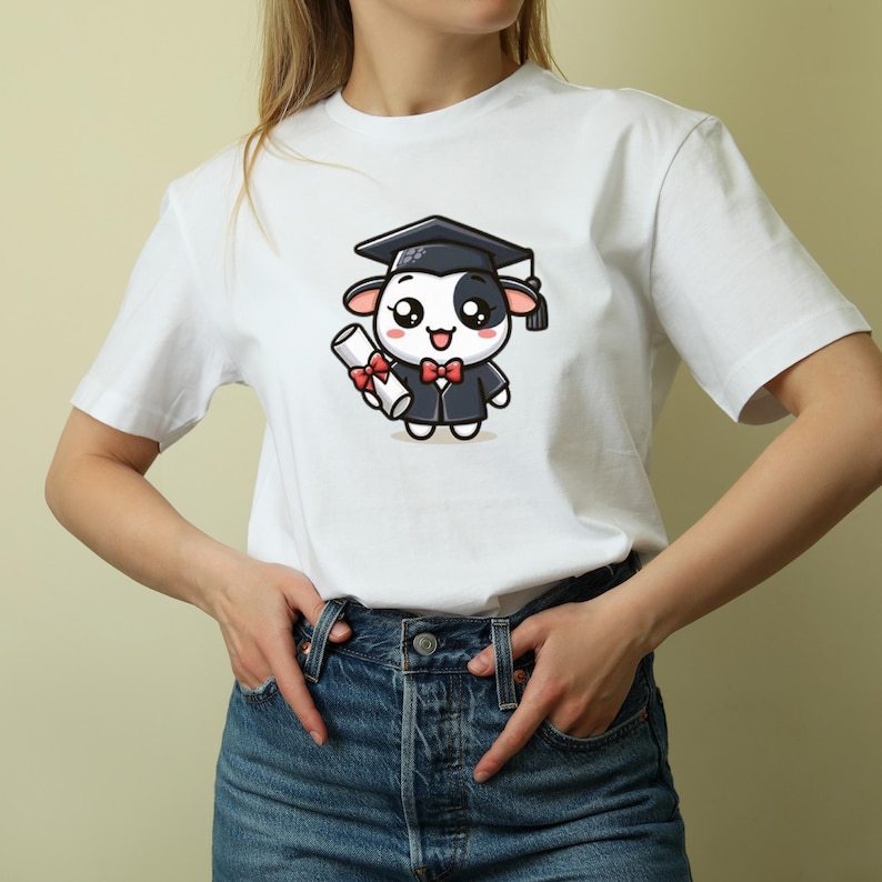May include: White t-shirt featuring a cartoon cow wearing a graduation cap and gown, holding a diploma. The cow has a black and white face, a red bow tie, and is smiling. The shirt is plain white.