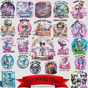 Puede incluir: Un conjunto de 50 imágenes digitales con ilustraciones coloridas de esqueletos con refranes humorísticos. Las imágenes son perfectas para crear camisetas, tazas, fundas de teléfono y otros artículos personalizados.