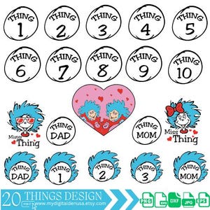 Könnte beinhalten: Ein Set mit 20 druckbaren Designs mit den Figuren Thing 1 und Thing 2 aus Dr. Seuss' Buch "Der Kater mit Hut". Die Designs beinhalten verschiedene Zahlen, "Thing Dad", "Thing Mom" und "Miss Thing".