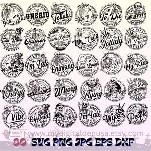 May include: A collection of black and white digital designs featuring skeleton illustrations with various phrases. The designs are circular and include text like "You Die," "Tottaly Chill," and "My Kids." Perfect for crafting projects.