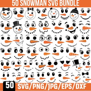 Könnte beinhalten: Ein Bundle mit 50 Schneemann-Gesichtsdesigns in den Formaten SVG, PNG, JPG, EPS und DXF. Jedes Design enthält eine Karottennase, einen Kohlemund und verschiedene Augen- und Zubehörteile, wie Hüte, Schleifen und Brillen. Der Text "50 SNOWMAN SVG BUNDLE" befindet sich oben.