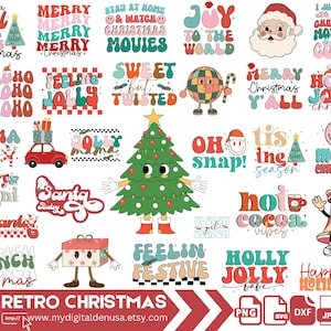 May include: A set of 30 retro Christmas-themed digital clipart images. The images feature a variety of festive designs, including a Christmas tree, Santa Claus, a bell, and various text-based designs. The images are in a retro style with bright colors and bold fonts.