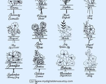 Geboortemaand Svg-bundel | Bloemboeket Svg | Geboorte bloem Svg | Bloemen-svg | Botanische svg | Verjaardagssvg | Direct downloaden