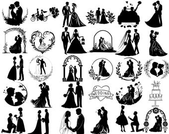 May include: A set of 30 black and white wedding SVG cut files. The images include a variety of wedding themes, such as a couple getting married under an archway, a couple holding hands, a couple kissing, a wedding cake, and a wedding car.
