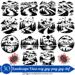 May include: A collection of 30 black and white landscape designs featuring mountains, winding roads, trees, and bodies of water. The designs are in various shapes, including circles and ovals. The text "Landscape View svg-jpg-png-jpg-dxf" is included.