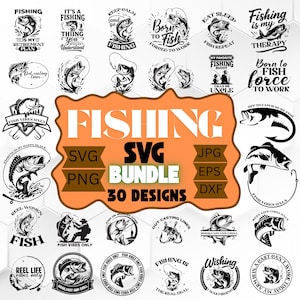 May include: A digital SVG bundle featuring 30 fishing-themed designs in black and white. The designs include illustrations of fish, fishing rods, and various phrases related to fishing, such as "Fishing is my therapy" and "Born to fish, forced to work."