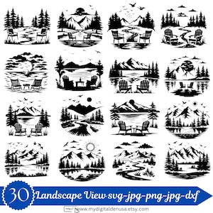 Paquete de SVG de paisaje forestal, SVG de paisaje, SVG de escena forestal, SVG con vista al lago, SVG de montaña, SVG de camping, SVG de exteriores, Árbol, Descarga instantánea