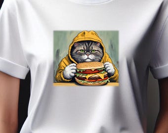 May include: A white t-shirt with a graphic of a cat wearing a yellow raincoat and eating a large hamburger.
