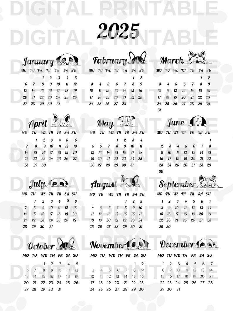 2025 Calendar 2025 Annual Calendar Cute Dogs Calandar Printable 2025 ...