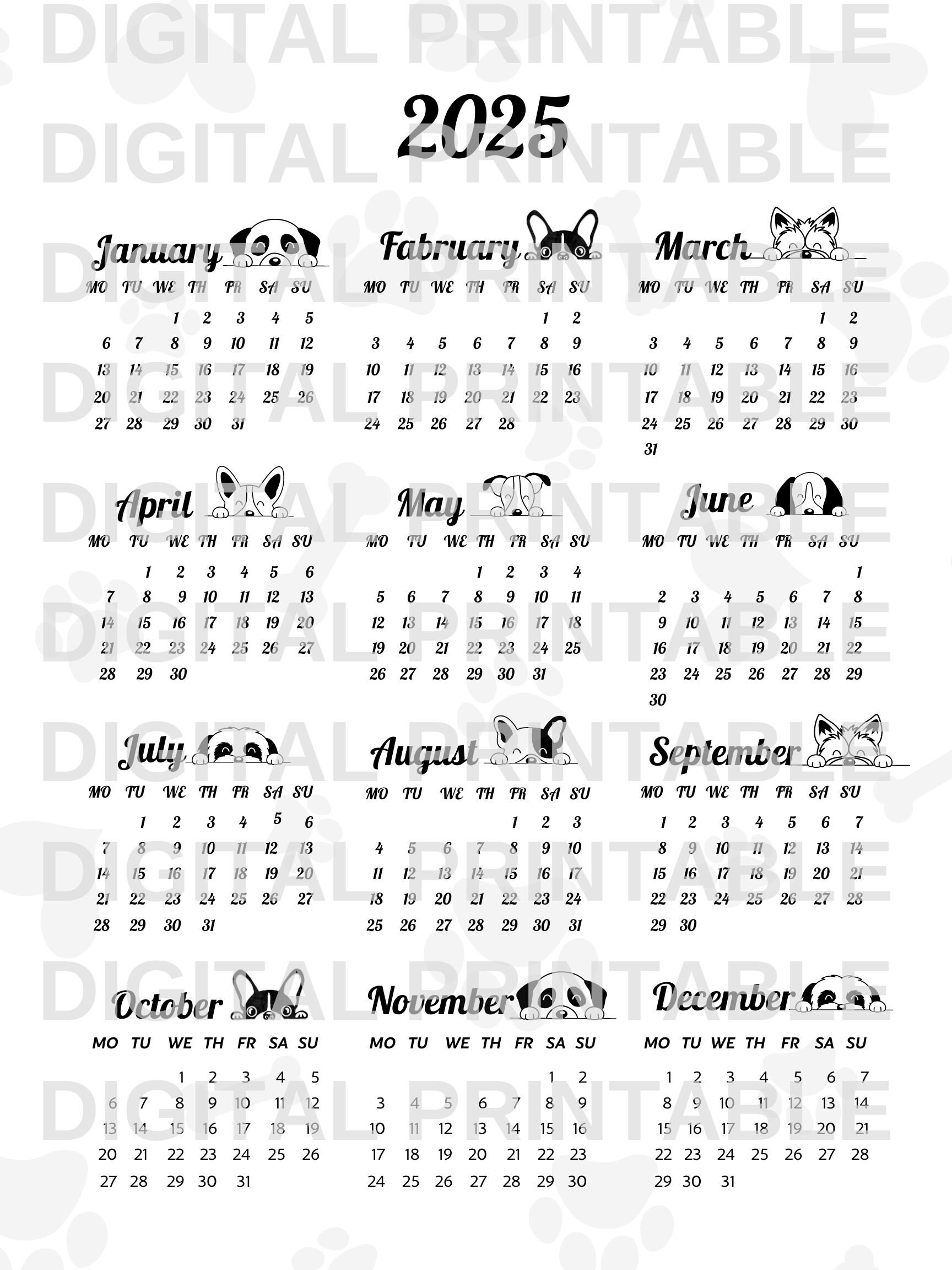 2025 Calendar 2025 Annual Calendar Cute Dogs Calandar Printable 2025 ...