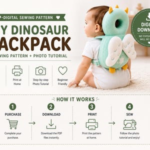 May include: A digital sewing pattern for a DIY dinosaur backpack, featuring a light green headrest with orange spikes and white wings. The graphic includes text: DIGITAL SEWING PATTERN, DIY DINOSAUR BACKPACK, SEWING PATTERN + PHOTO TUTORIAL, DIGITAL DOWNLOAD, NO PHYSICAL ITEM WILL BE SHIPPED, and HOW IT WORKS with steps 1-4.