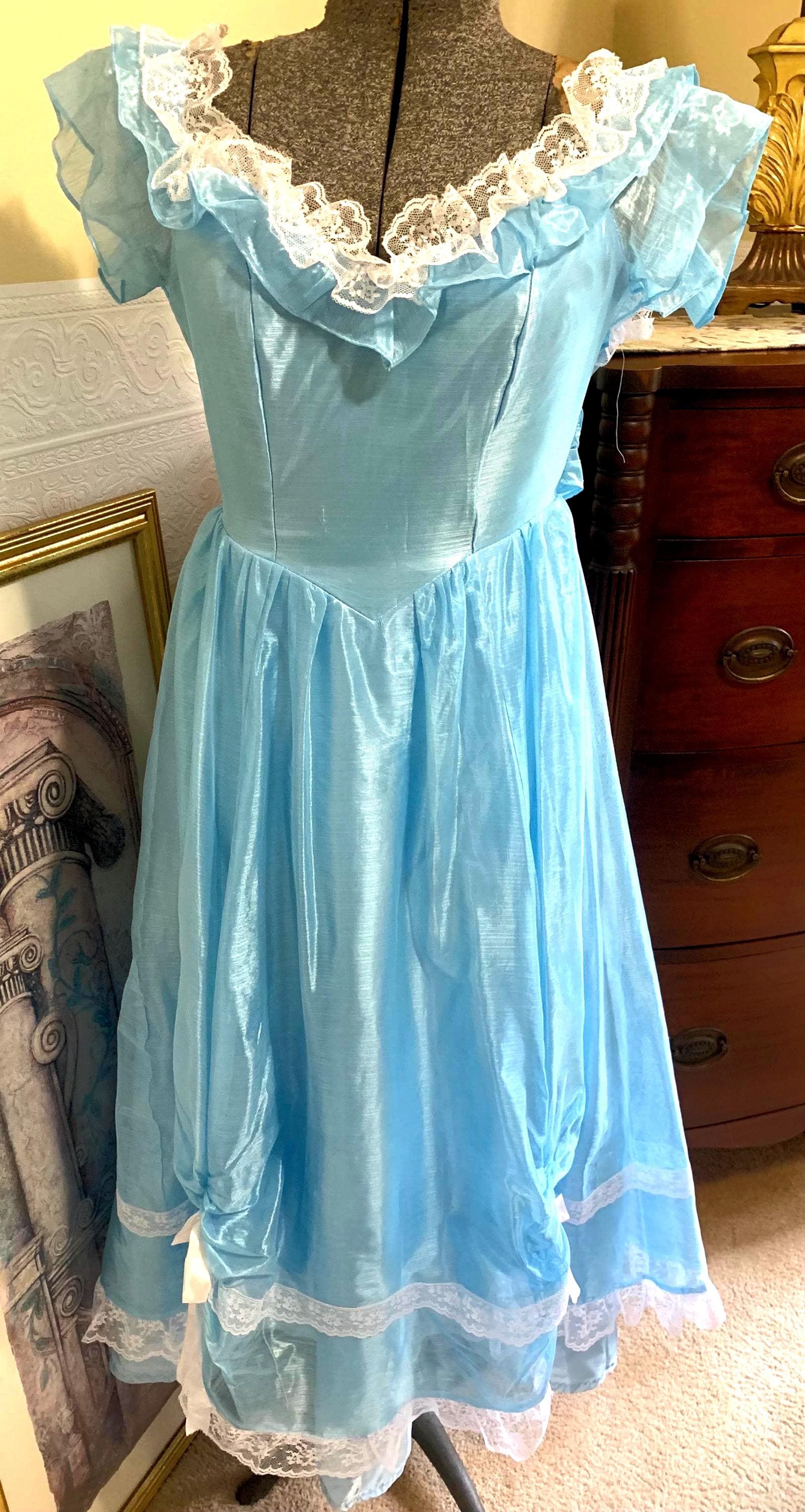 Vintage 70s Blue Satin Dress White Lace Trim & Bows Juniors Size 7-8
