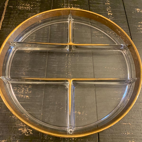 Piatto da portata in vetro tagliato Art Déco: piatto diviso con bordo floreale dorato