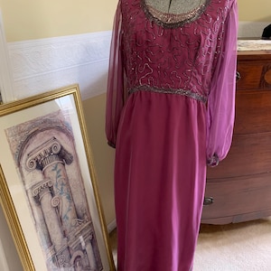 1960s Beaded Chiffon Dress: Vintage Lavender Purple Empire Waist