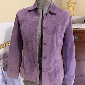 Veste en cuir vintage violet Kate Hill pour femme, taille 2P, boutonnée, manches longues, col, entièrement doublée.