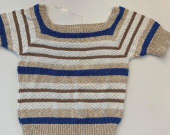 Vintage gestreepte gebreide trui maat medium neutrale tinten korte mouw