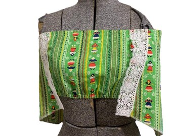 Vintage jaren 70 crop top: Deense print, kantdetail - maat medium