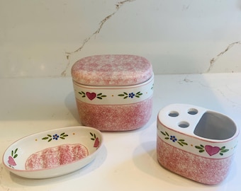 Vintage Bathroom Counter Set Soap Dish, Toothbrush Holder, Canister Pink Florals By R.B Bernarda made in Portugal