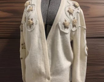 Vintage 70'-vest trui damesmaat M ivoor angorawolmix 3D-bloemen van Madeline