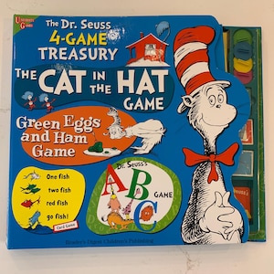 Dr. Seuss (4) Klassische Brettspiele Versiegelte Teile Vintage 2000 kleiner Riss Im Inneren des Buches, in dem das Buch die Anweisungen enthält.