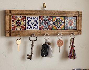 Ręcznie wykonany wieszak na klucze z płytek Talavera i drewna z 5 haczykami 12 cali. Uroczy sposób na uporządkowanie kluczy.