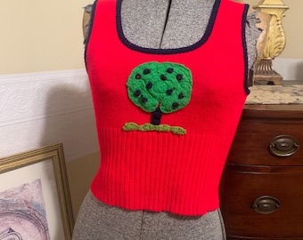 Vintage gebreide crop top uit de jaren 90: geborduurde appelboom, maat Small