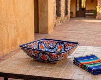 Vintage rechthoekige Talavera serveerschaal aardewerk schaal handgemaakt Mexico 12 x 3 inch