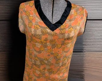 Vintage jaren 1940 zijden blouse met chrysantenprint, dames, medium GEEN kaartjes.