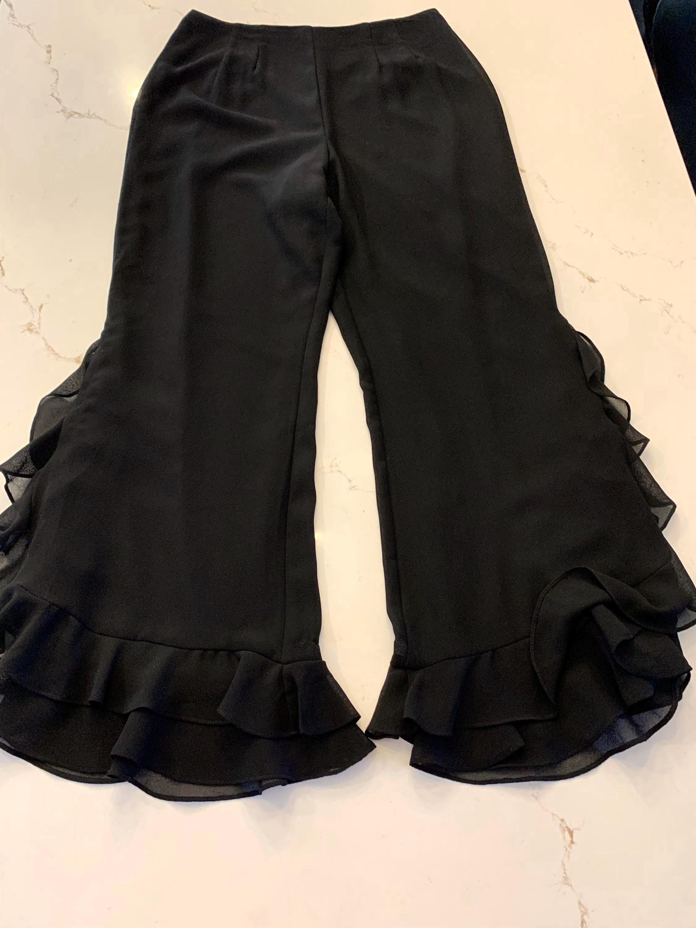 CareForAgain Vintage J.R. Nites by Caliendo Chiffon Ruffle Wide Leg Bell Bottom Pants Size 12. Black in Color Flared from Knee Down Layered Ruffles