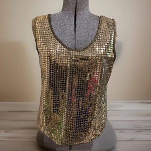 90s Gold Metallic Sequin Disco Top - Vintage Party Shirt