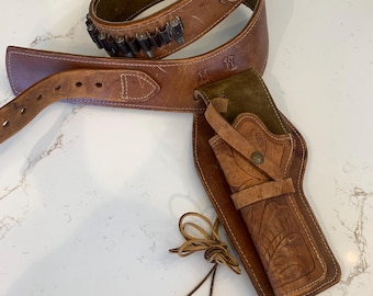 Tankleurige leren holster met gereedschap, luxe westernriem herenmaat Small LEFTY Vintage midden van de eeuw.