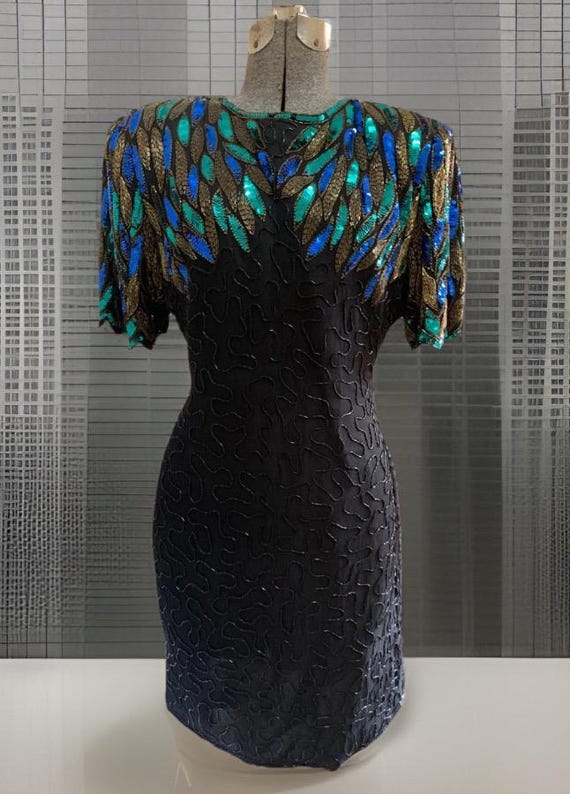 Vintage Beaded Dress Sequin Peacock, 100% Silk Cocktail Mini Size Petite Large by Lawrence Kazar - Etsy Israel Vintage Beaded Dress Sequin Peacock, 100% Silk Cocktail Mini Size Petite Large by Lawrence Kazar - Etsy Israel