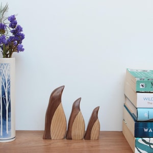 Handcrafted Walnut & Ash Penguin Sculptures: Unique Wooden Wildlife Decor (Set of 3)